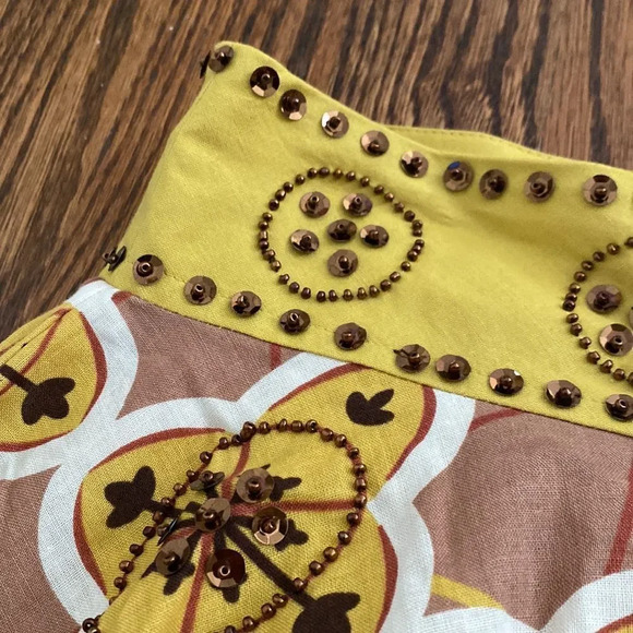 Anthropologie Small Sequined Embroidered Midi Skirt Boho Yellow Lining Skirt - Picture 2 of 6